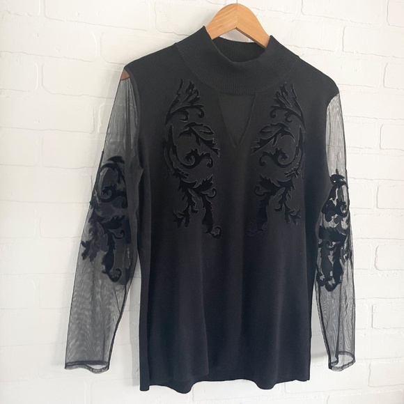 Vintage Y2K Knit Sweater Sheer mesh Burnout Velvet sleeve Damask Goth Black L - Picture 3 of 15